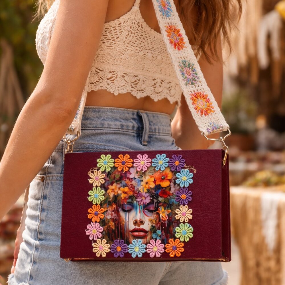 Flower Child -  Red Cigar Box Purse w/Boho Adjustable Crochet CrossBody Strap